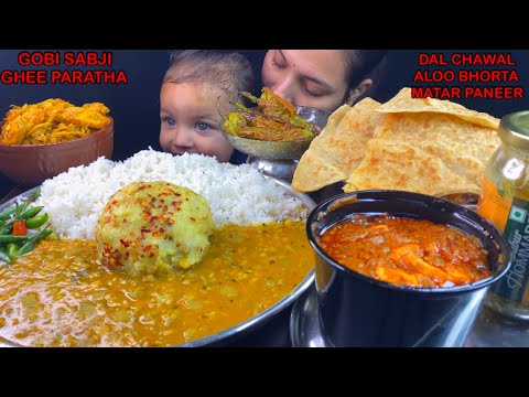 Eating Spicy🔥 Ghiya Daal, Ajwain Rice, Matar Paneer, Ghee Paratha, Cabbage Fry | Indian Food ASMR