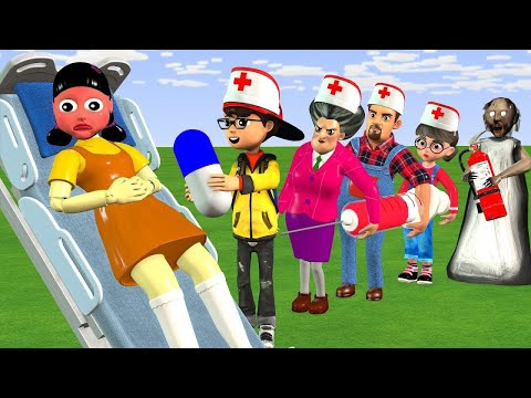 Scary Teacher 3D vs Squid Game Nick Become a Doctor Rescuing Pregnant Doll 5 Times Challenge