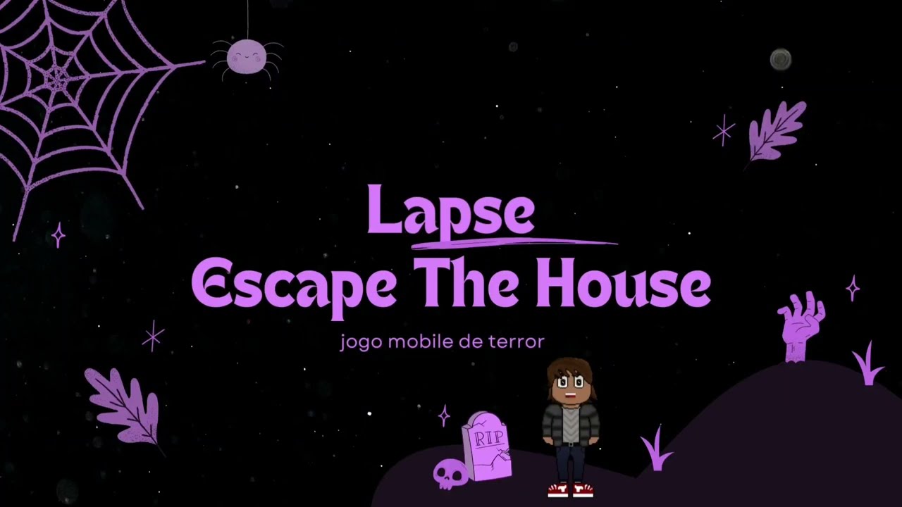 'Lapse: Escape The House' escrito em roxo no centro da imagem, o fundo é preto com estrelhas e em volta do texto há derações de halloween em roxo, uma delas é uma teia e uma aranha, outra é uma lápide e uma caveira, há também uma mão de zombi saindo do chão e a personagem principal do jogo assustada olhando para você.