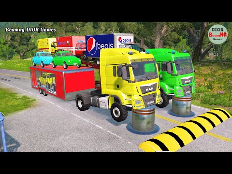 Double Flatbed Trailer Truck vs speed bumps|Busses vs speed bumps|Beamng Drive|1052