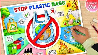 How To Draw Stop Plastic Bags Pollution Drawing / Plastic Bag Free Day poster ideas / ban plastic