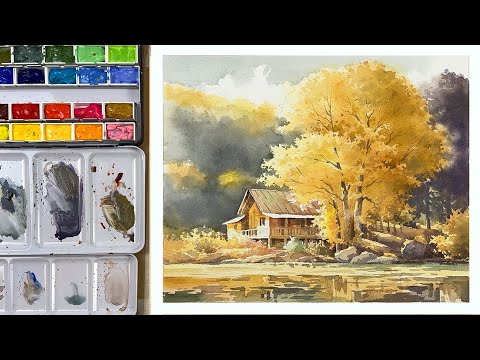 Landscape drawing with watercolor - Spring scene