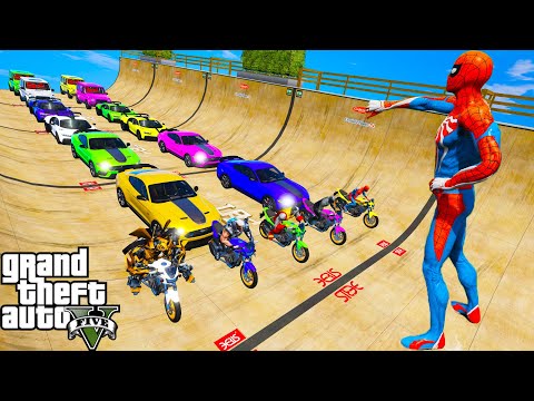 Desafio Skateboard Salto épico Ramp com Heróis! Crazy Сhallenge on Muscle Cars, Suvs and Bikes GTA 5