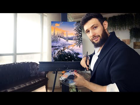 I Painted a Snowy Winter Landscape at Sunset with Acrylics in Real Time and you can Too