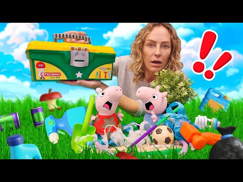 Peppa ve George bahçedeki boruyu patlatıyor! Nicole ile tamir etme oyunları