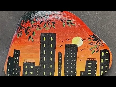 How to draw a city scenery on river stone | Acrylic painting on Stone
