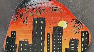 How to draw a city scenery on river stone | Acrylic painting on Stone