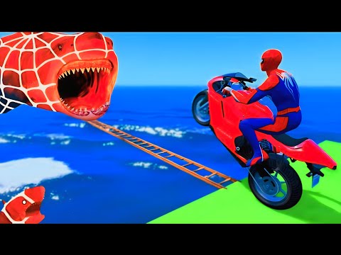 الأبطال الخارقين على القضبان دوامة قمع جسر 🕷️🏍️ RAINBOW SPIDER MAN! on Motorcycle in Spiral Brid
