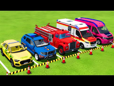 TRANSPORTING POLICE CARS, AMBULANCE and FIRE DEPARTMENT VEHICLES WITH TRUCKS ! Farming Simulator 22