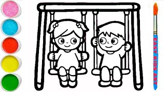 🌼 Learn to Draw a Boy & Girl on a Swing | Easy Kids Art