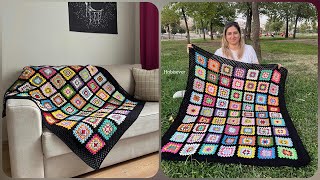 BAŞTAN SONA MOTİFLİ BATTANİYE YAPIMI ✅ Kare Motifli Tv Battaniyesi / Crochet Granny Square #crochet