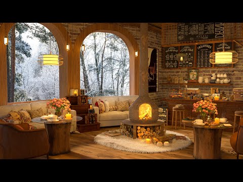 4K Warm Winter at Cozy Coffee Shop Ambience | Crackling Fireplace for Sleep, Study, and Relax