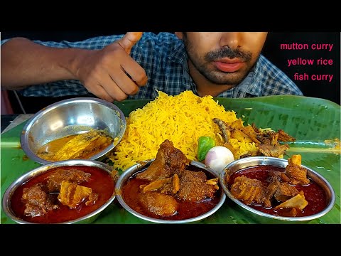 huge spicy mutton masala curry yellow pulao fish curry salad fish fry eating show mukbang food