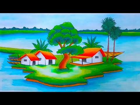 How to draw easy scenery drawing oil pastel River landscape village scenery drawing step by step