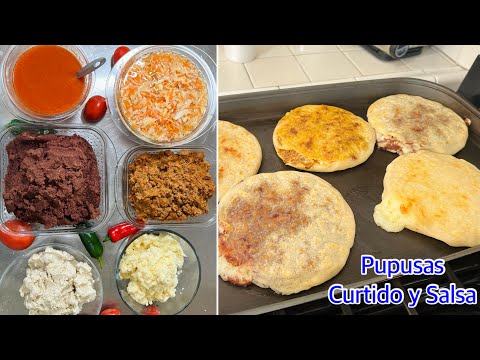 Como hacer PUPUSAS SALVADOREÑAS: Masa, Chicharrón, frijoles, queso, Curtido y salsa RECETA COMPLETA