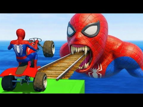 سبايدر مان اصعب دراجة نارية فوق اسماك القرش - Superheroes Ride on Motorcycle Stunt Funny Moments??