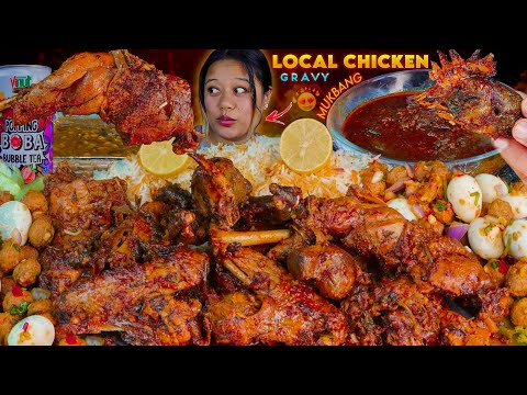 RECIPE+MUKBANG | EATING VILLAGE LOCAL CHICKEN WITH QUAIL EGGS ,SOYA CHUNKS AND GRAVY