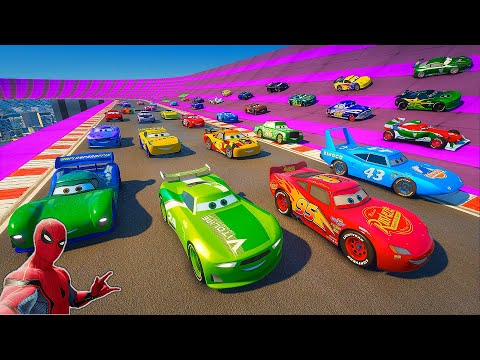 Pixar Cars Epic Race with Spiderman McQueen The King and Friends Conquer a Sky Track Above the City