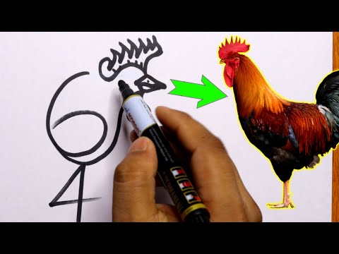 Cock Drawing Very Simple From 64 Number | মোরগ ছবি আঁকা  |  How To Draw A Rooster | Rooster Drawing