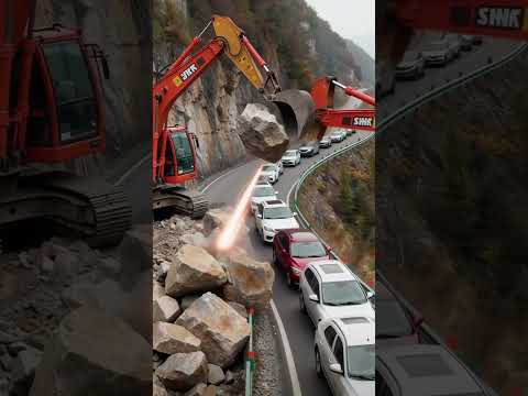 máy xúc vô tình làm rơi đá xuống ô tô