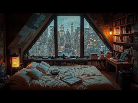 Cozy Bedroom in the Attic ❄ Winter New York City Scenery with Jazz Music for Unwind