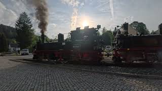 Begegnung zweier Dampflok Züge Pressnitztalbahn Schmalspurbahn Erzgebirge