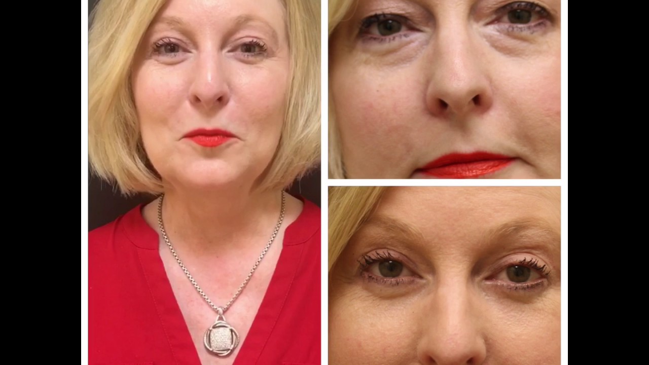 Woman with makeup and blonde hair, multiple angles.