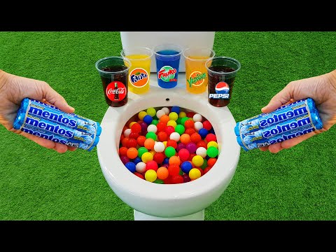 Mini Plastic Balls VS Popular Sodas !!! Sprite, Coca Cola, Fanta, Pepsi and Mentos in the toilet