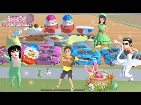 Sakura Yuta&Mio Makan KinderJoy Raksasa Sampai Muntah Cari Mobil Pink&Biru ||Sakura School Simulator