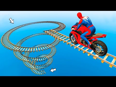 الأبطال الخارقين على القضبان دوامة قمع جسر 🕷️🏍️ SPIDER-MAN on Motorcycle in Spiral Bridge Stunt Ride