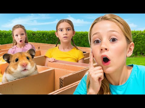 Nastya and the hamster are trying to get out of the cardboard maze