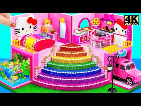 Build Cutest 2 Storey Pink Hello Kitty Villa has Rainbow Slide Pool from Slime - DIY Miniature House