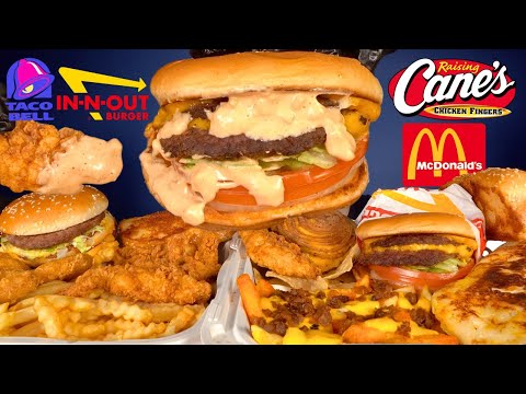 ASMR MUKBANG FAST FOOD BIG MAC BURGERS RAISING CANE’S CHICKEN ANIMAL STYLE IN-N-OUT FRIES TACO BELL