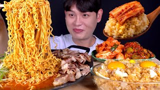 ASMR 칼칼한 라면🍜차돌박이 파채토핑과 간장계란밥 같절이 오이소박이 먹방~!! Spicy Noodles With Egg Rice Kimchi MuKBang~!!