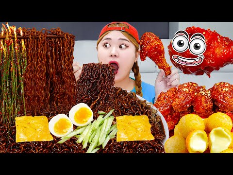 ASMR MUKBANG BLACK BEAN NOODLES AND FRIED CHICKEN EATING SOUND by HIU 하이유