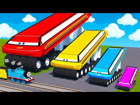 Big & Small Long Bus Lightning Mcqueen with Monster Truck Wheels vs Thomas Trains - BeamNG.Drive