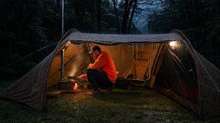 Winter Hot Tent Camping in HEAVY RAIN!