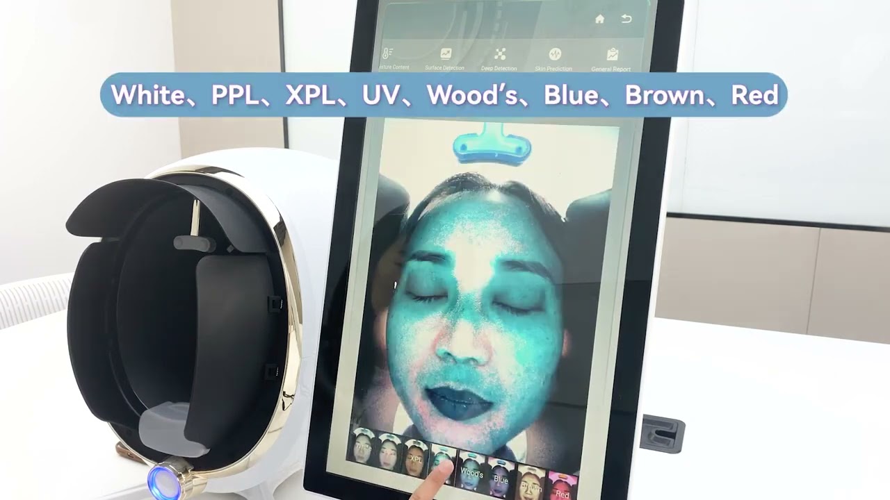 Skin analysis using different light filters displayed.