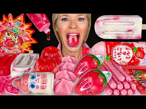 ASMR Strawberry Desserts Mukbang, Japanese Sangaria Soft Milk, Jelly Popsicle, Hunnibee Mom