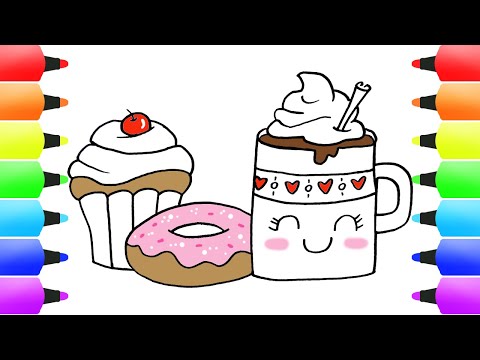 CUTE HOT CHOCOLATE Cup! (with Cream, Donut and Cupcake) | Winter Drawings for Kids