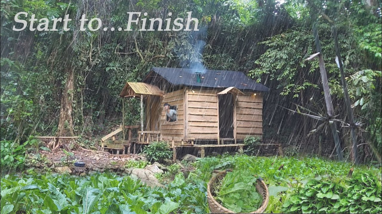 300 Day Building complete Off-Grid Cabin,Woods hut Bushcraft,Gardening and Fishing..Start to Finish