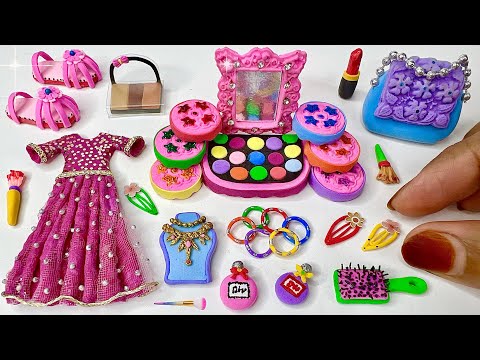 DIY How To Make Polymer Clay Miniature Makeup Set with Doll’s dress, Shoes, Eyeshadow,Bag Makeup Kit