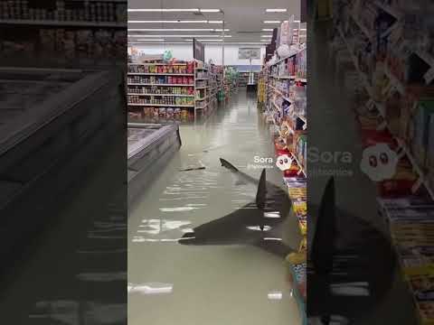 A shark swimming through a grocery store, post flood