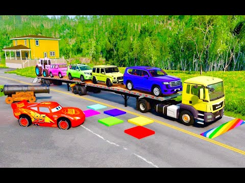 Flatbed Truck McQueen | Transportation with Truck - Pothole vs Car #12 | BeamNG.Drive Gameplay