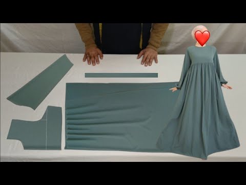 تفصيل وخياطة فستان عباية بقصة تحت الصدر موديل بالكشكشة للمحجبات dress cutting and stitching Abaya