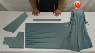 تفصيل وخياطة فستان عباية بقصة تحت الصدر موديل بالكشكشة للمحجبات dress cutting and stitching Abaya