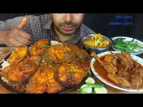 spicy rohu fish masala curry desi chicken handi curry huge rice spicy gravy salad eatingshow mukbang