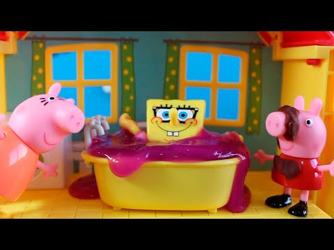 Peppa Pig Salvado o Bob Esponja na Banheira de Slime!! Em português!