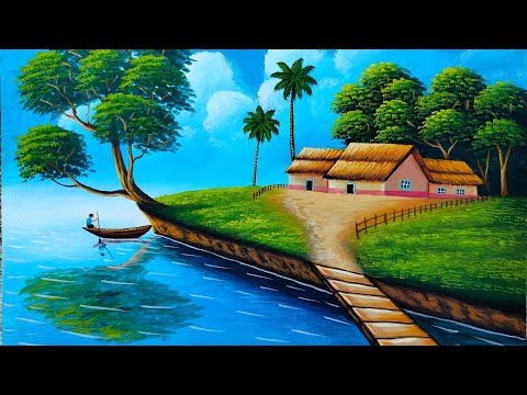 Riverside Indian village scenery drawing and painting | painting 541