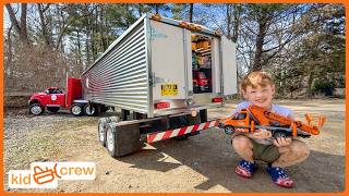Delivering toy trucks with kids ride on semi truck and trailer. Educational | Kid Crew